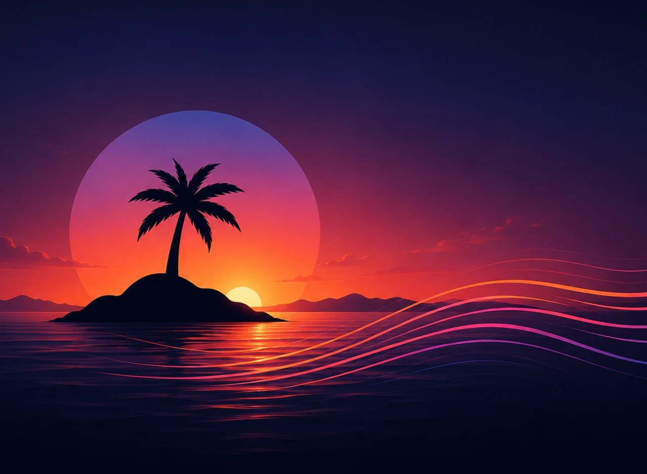 Island Stream — palm island at sunset with flowing stream lines